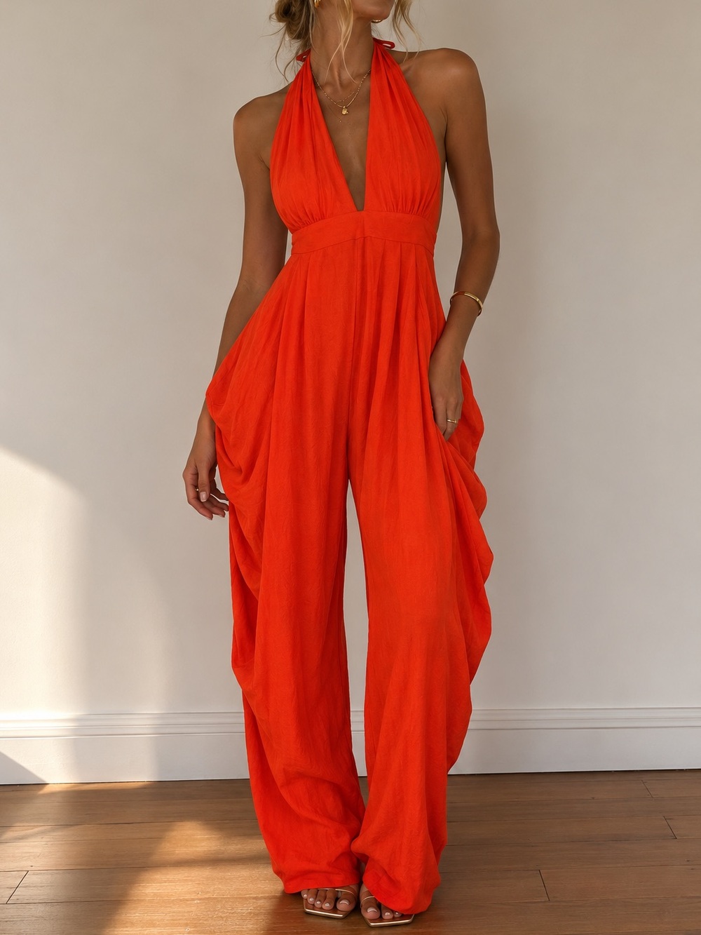 Orange Halter Harem Jumpsuit Resort Glam Draped Wide Leg Romper Vacation Medium